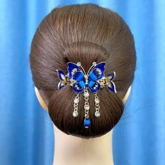 NWT - Blue Butterfly Hair Clip with Rhinestone Tassel and Glitter - Picture 3 of 4